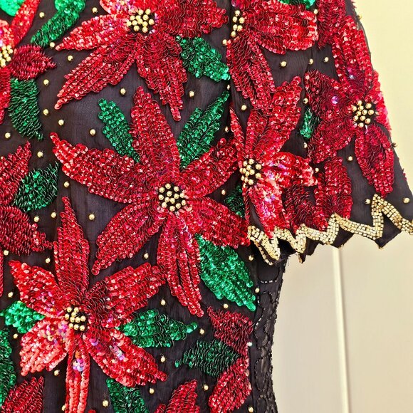 Vtg SCALA Silk Sequin Beaded Christmas Poinsettia Short Sleeve Top EXCELLENT - Picture 10 of 16